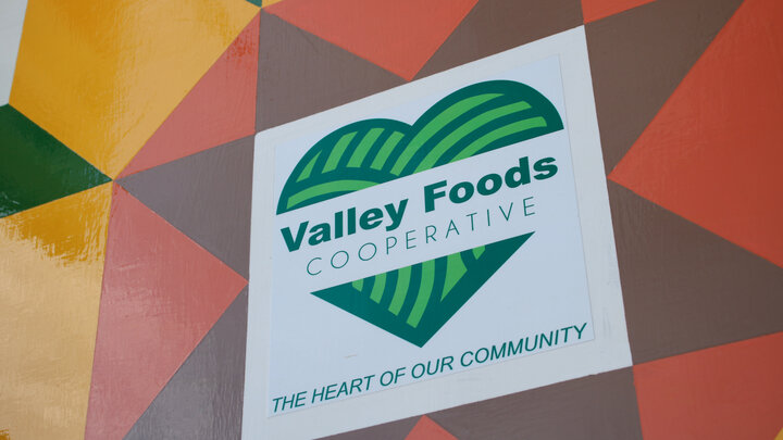 Sign for the Valley Foods Cooperative grocery store in Lynch, Neb. Photo by Russell Shaffer