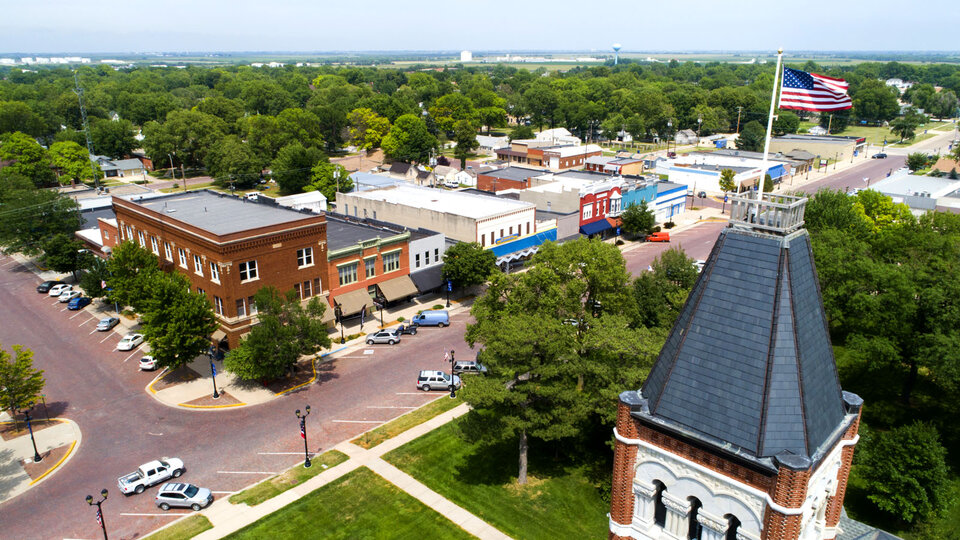 Aerial photo of a revitalized downtown in a rural city.