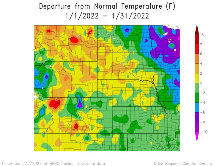 Departure from 1991-2020 normal temperature in the High Plains Region