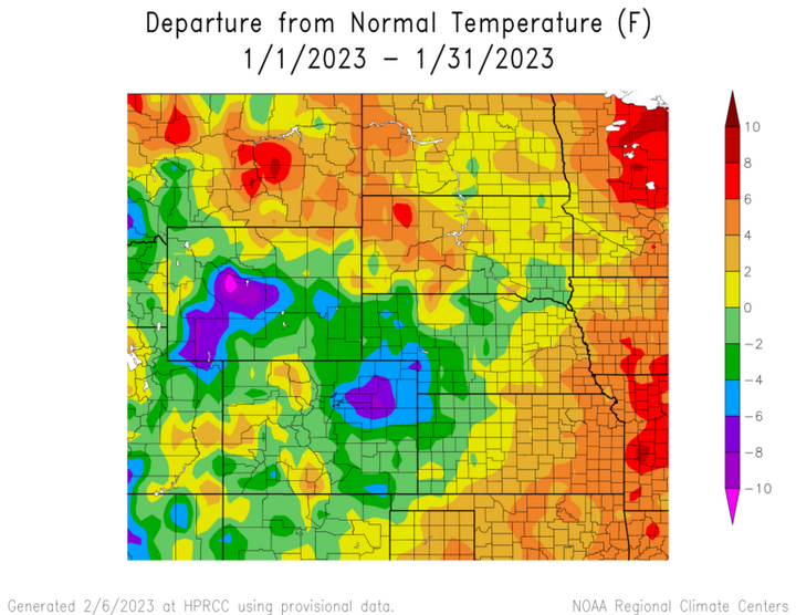 Departure from 1991-2020 normal temperature in the High Plains Region
