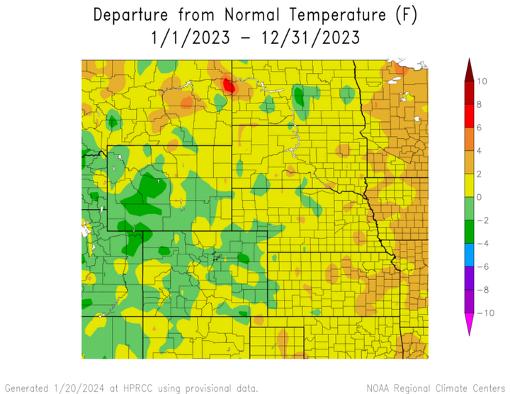 Departure from 1991-2020 normal temperature in the High Plains Region