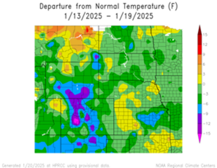 Departure from 1991-2020 normal temperature in the High Plains Region