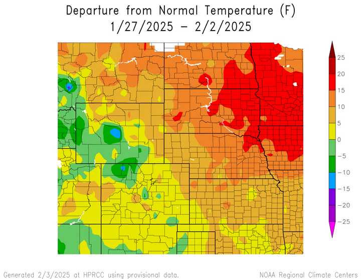 Departure from 1991-2020 normal temperature in the High Plains Region