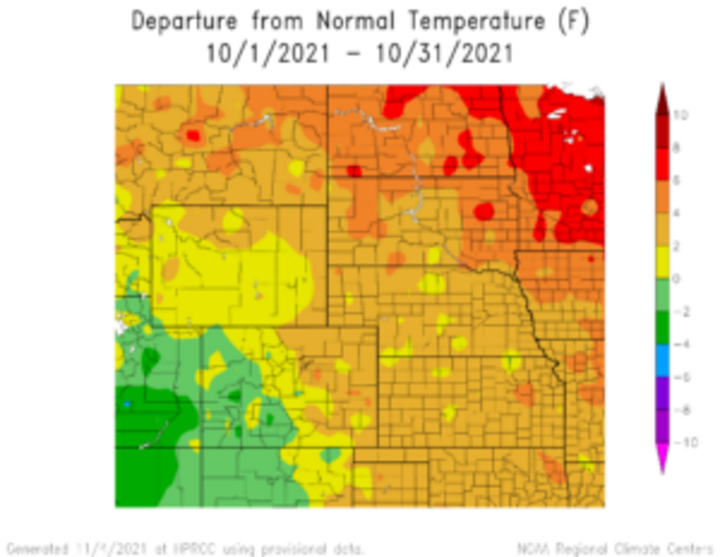 Departure from 1991-2020 normal temperature in the High Plains Region