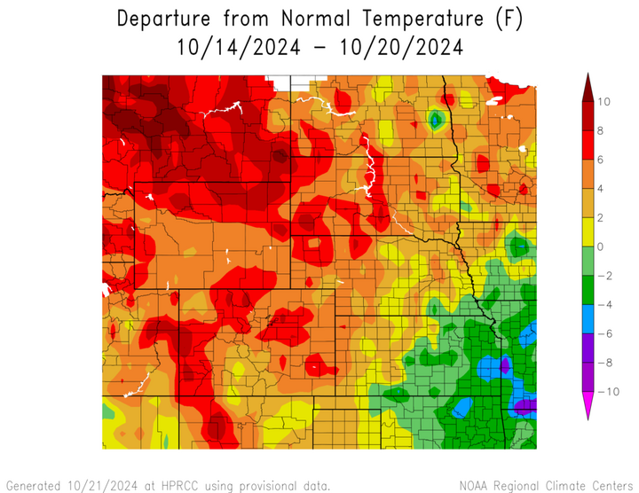 Departure from 1991-2020 normal temperature in the High Plains Region