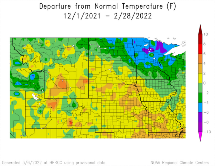 Departure from 1991-2020 normal temperature in the High Plains Region