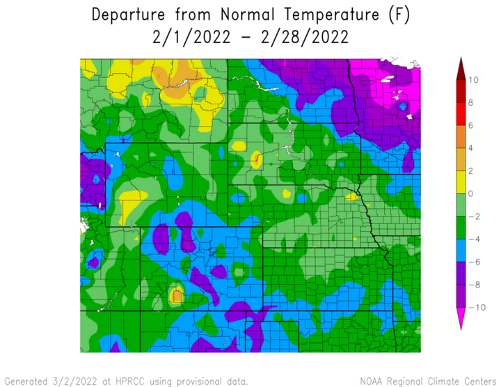 Departure from 1991-2020 normal temperature in the High Plains Region