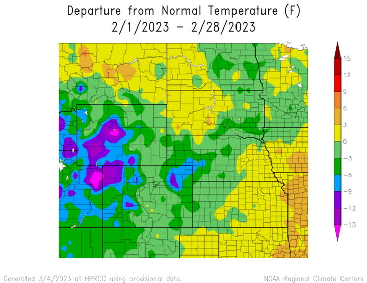 Departure from 1991-2020 normal temperature in the High Plains Region