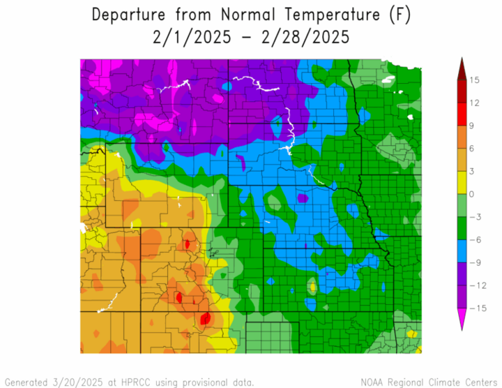 Departure from 1991-2020 normal temperature in the High Plains Region