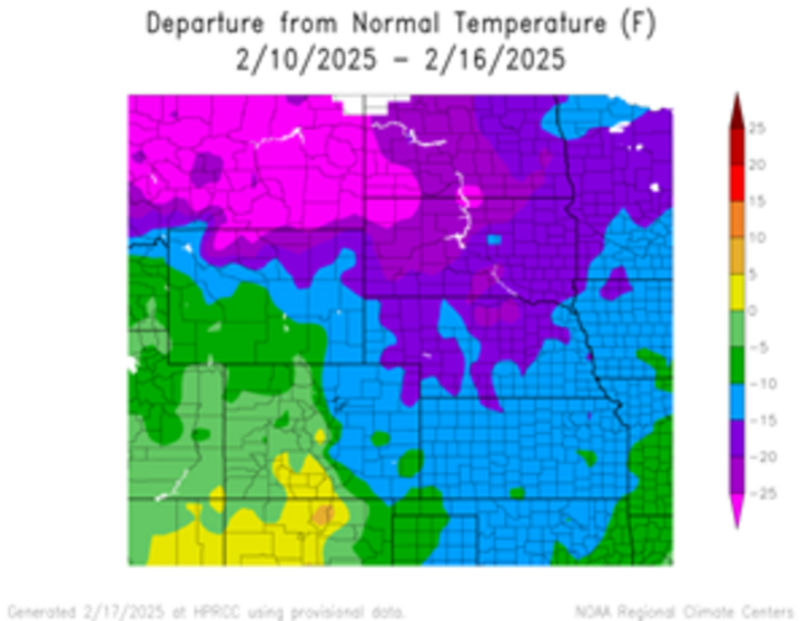Departure from 1991-2020 normal temperature in the High Plains Region