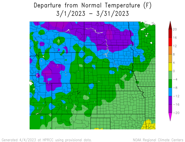 Departure from 1991-2020 normal temperature in the High Plains Region