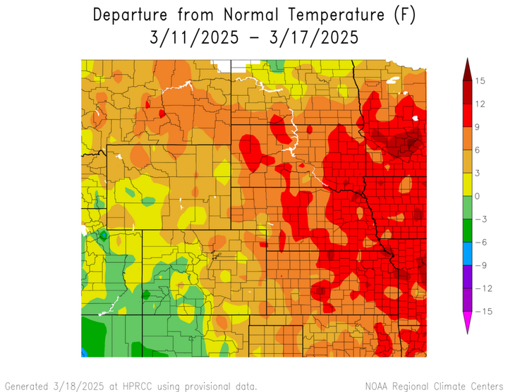 Departure from 1991-2020 normal temperature in the High Plains Region
