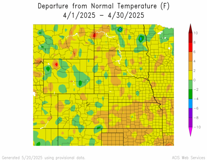 Departure from 1991-2020 normal temperature in the High Plains Region