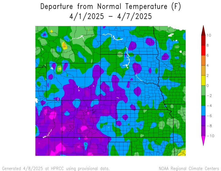 Departure from 1991-2020 normal temperature in the High Plains Region