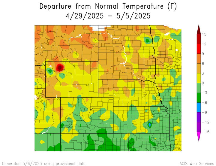 Departure from 1991-2020 normal temperature in the High Plains Region