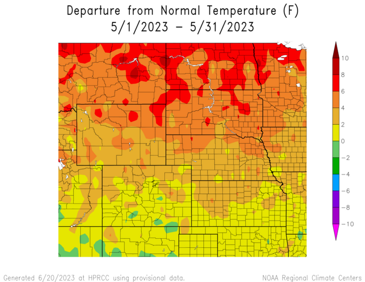 Departure from 1991-2020 normal temperature in the High Plains Region