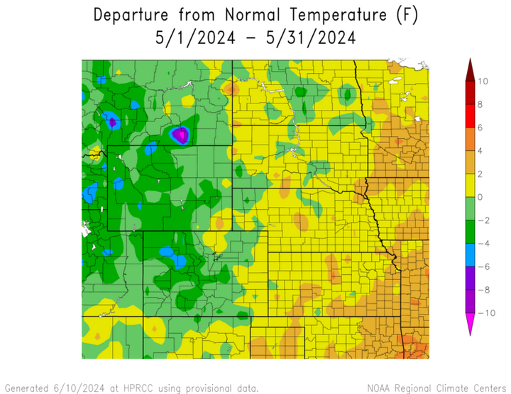 Departure from 1991-2020 normal temperature in the High Plains Region