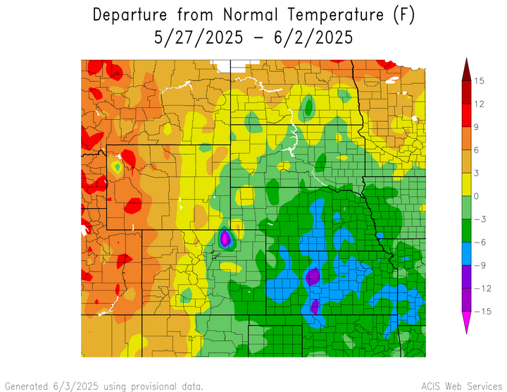 Departure from 1991-2020 normal temperature in the High Plains Region