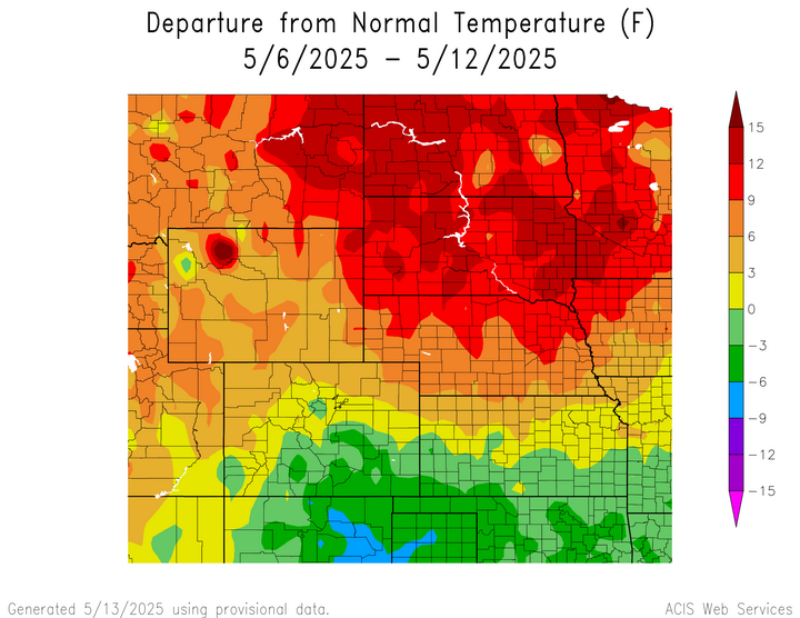 Departure from 1991-2020 normal temperature in the High Plains Region