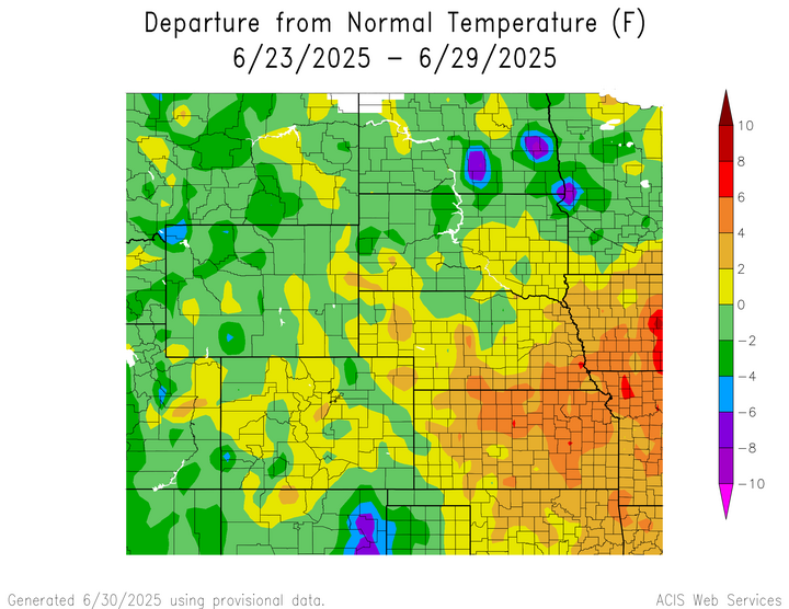 Departure from 1991-2020 normal temperature in the High Plains Region