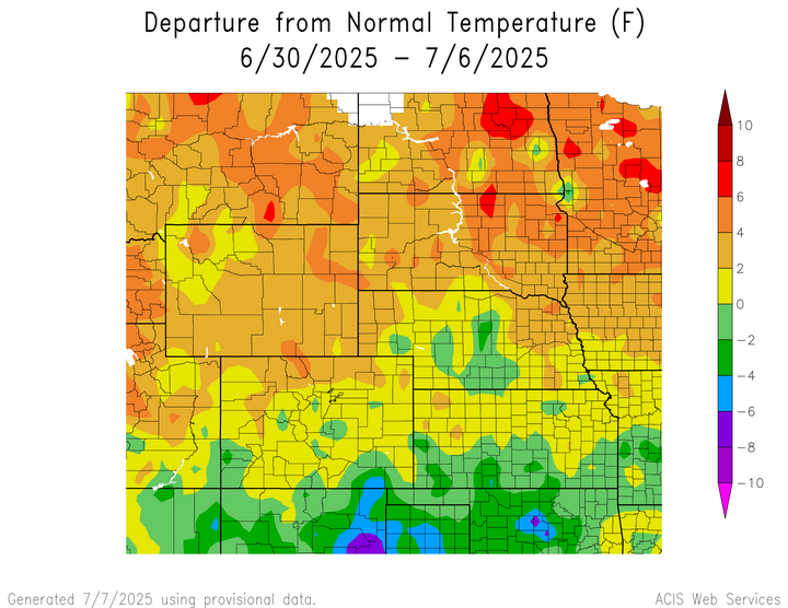 Departure from 1991-2020 normal temperature in the High Plains Region