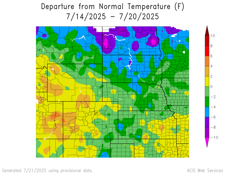 Departure from 1991-2020 normal temperature in the High Plains Region