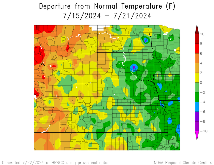 Departure from 1991-2020 normal temperature in the High Plains Region