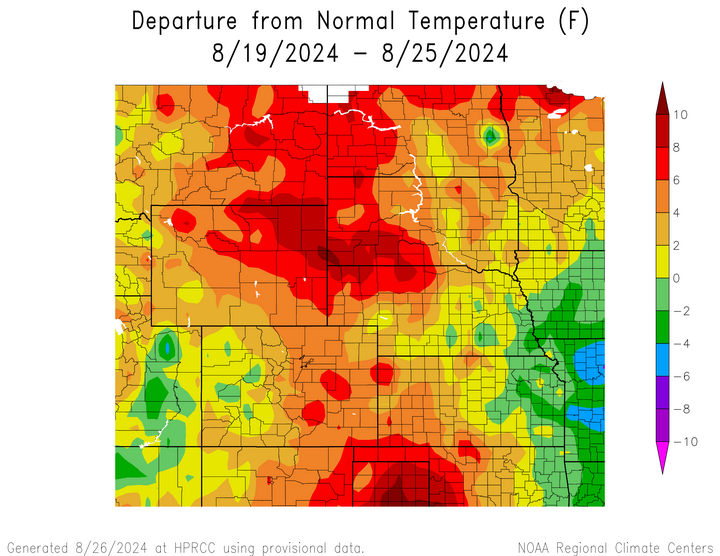 Departure from 1991-2020 normal temperature in the High Plains Region