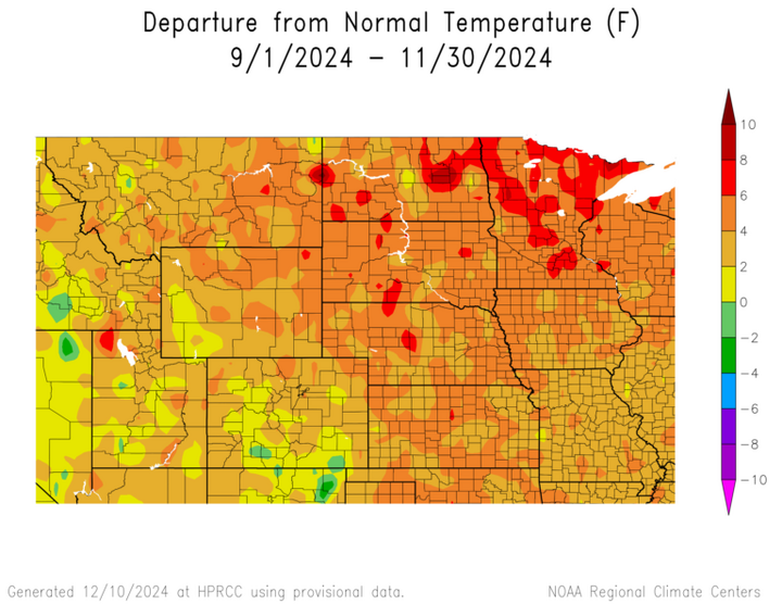 Departure from 1991-2020 normal temperature in the High Plains Region