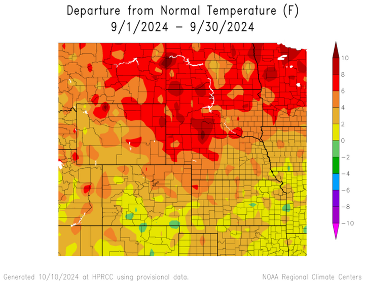 Departure from 1991-2020 normal temperature in the High Plains Region
