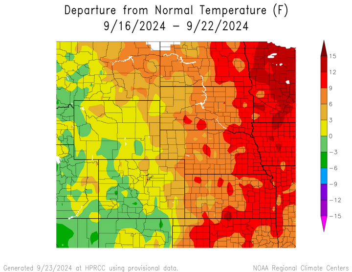 Departure from 1991-2020 normal temperature in the High Plains Region