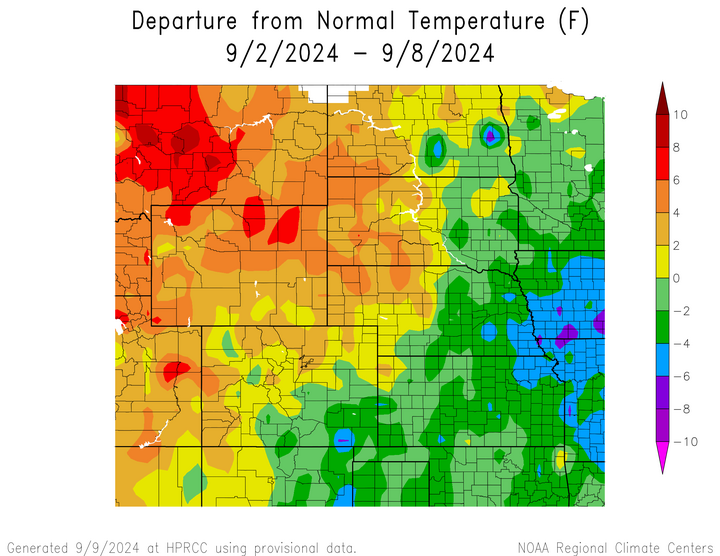Departure from 1991-2020 normal temperature in the High Plains Region