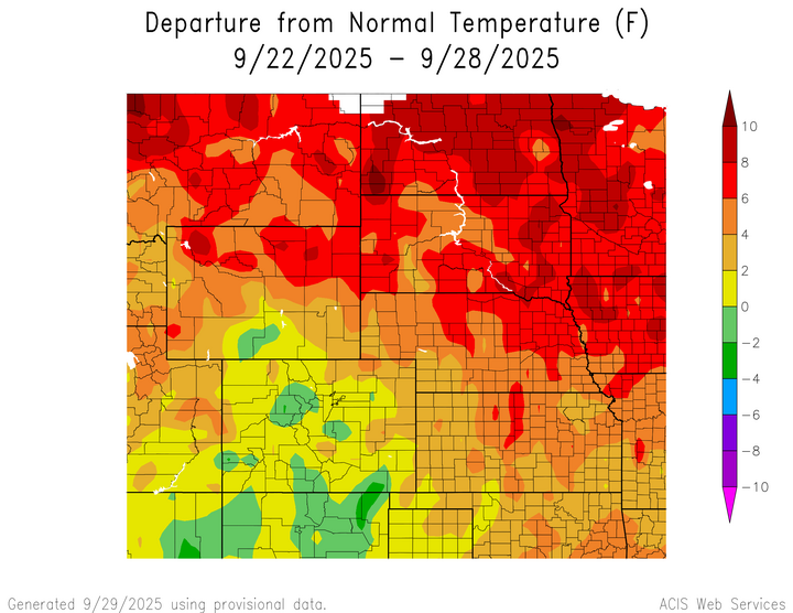 Departure from 1991-2020 normal temperature in the High Plains Region