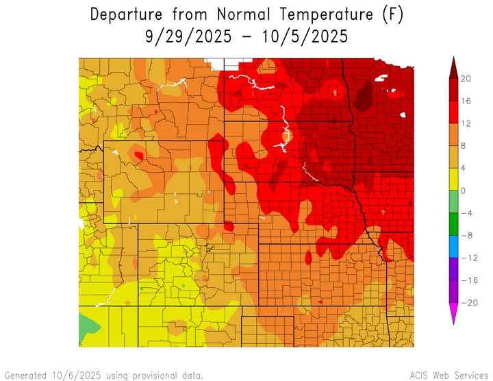 Departure from 1991-2020 normal temperature in the High Plains Region