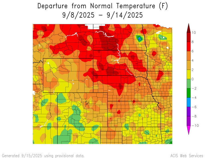 Departure from 1991-2020 normal temperature in the High Plains Region