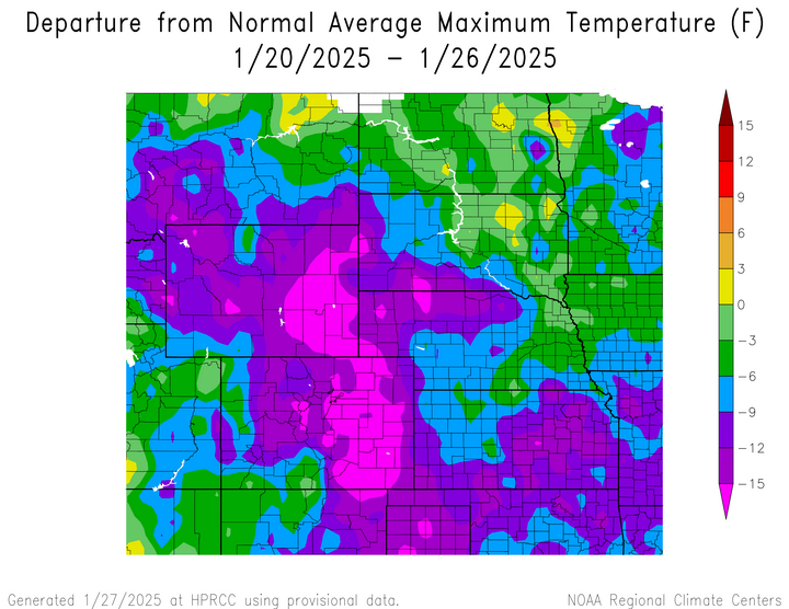 Departure from 1991-2020 normal average maximum temperature in the High Plains Region