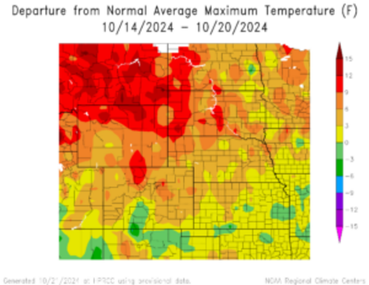 Departure from 1991-2020 normal average maximum temperature in the High Plains Region