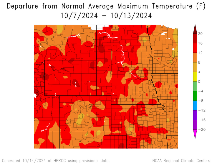 Departure from 1991-2020 normal average maximum temperature in the High Plains Region