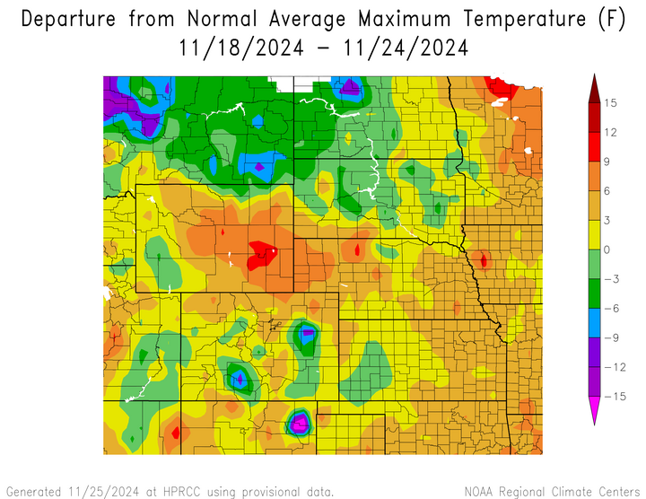 Departure from 1991-2020 normal average maximum temperature in the High Plains Region
