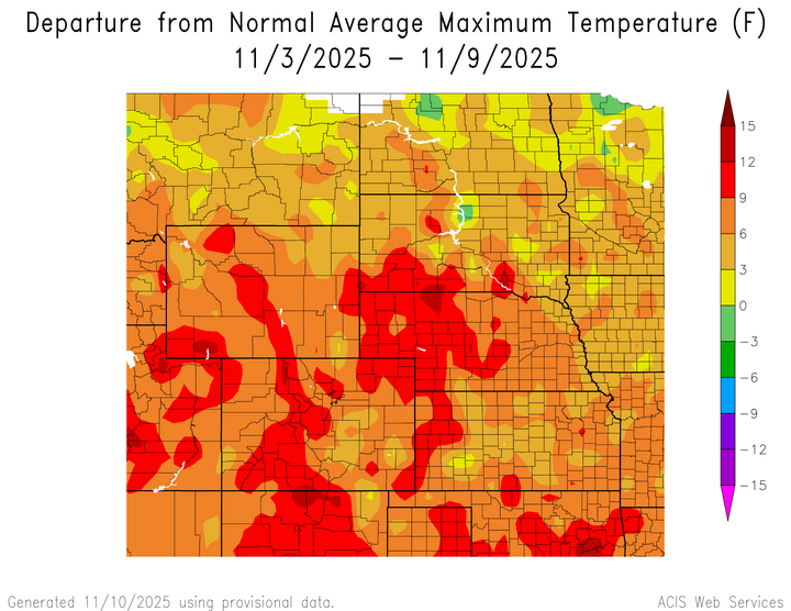 Departure from 1991-2020 normal average maximum temperature in the High Plains Region