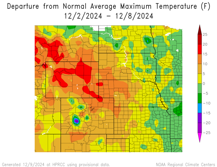Departure from 1991-2020 normal average maximum temperature in the High Plains Region