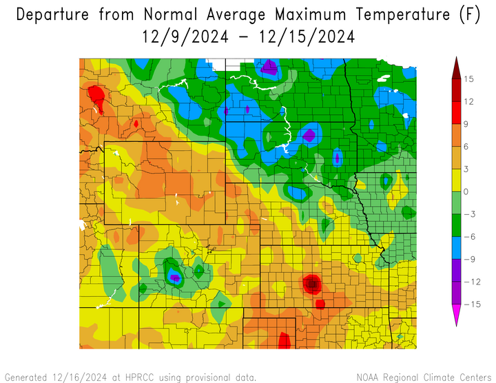 Departure from 1991-2020 normal average maximum temperature in the High Plains Region