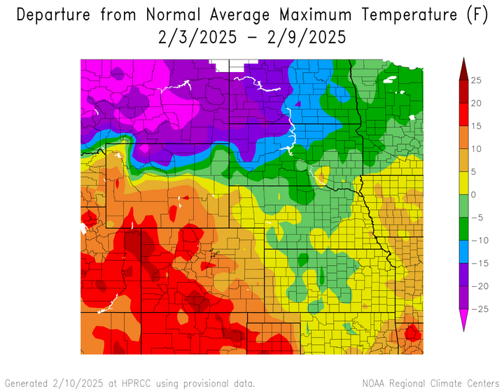 Departure from 1991-2020 normal average maximum temperature in the High Plains Region