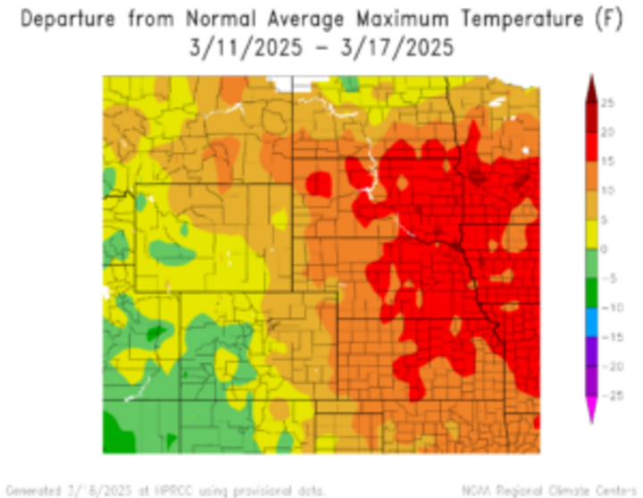 Departure from 1991-2020 normal average maximum temperature in the High Plains Region