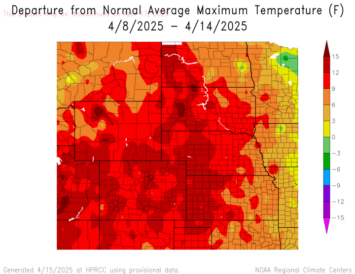 Departure from 1991-2020 normal average maximum temperature in the High Plains Region