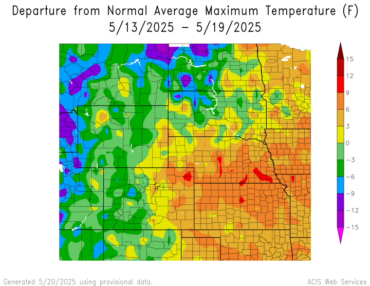 Departure from 1991-2020 normal average maximum temperature in the High Plains Region