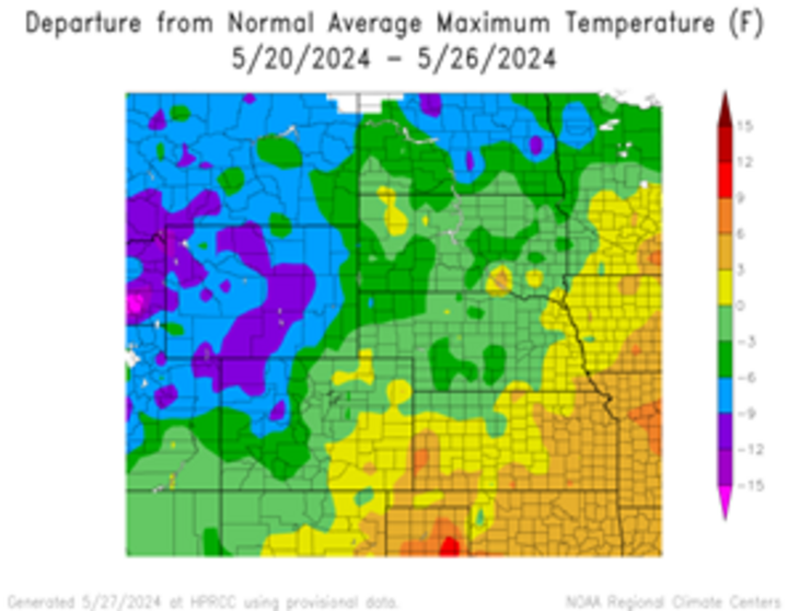 Departure from 1991-2020 normal average maximum temperature in the High Plains Region