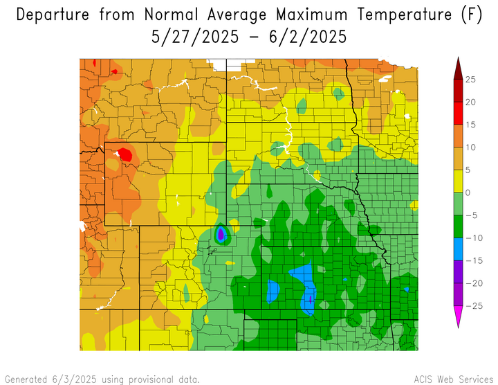 Departure from 1991-2020 normal average maximum temperature in the High Plains Region