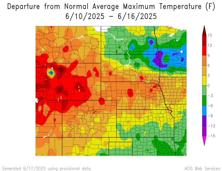 Departure from 1991-2020 normal average maximum temperature in the High Plains Region
