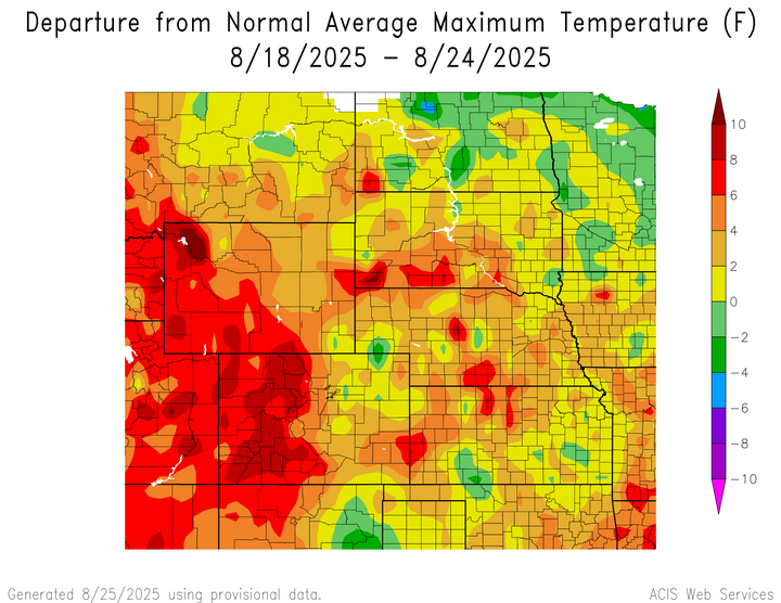 Departure from 1991-2020 normal average maximum temperature in the High Plains Region